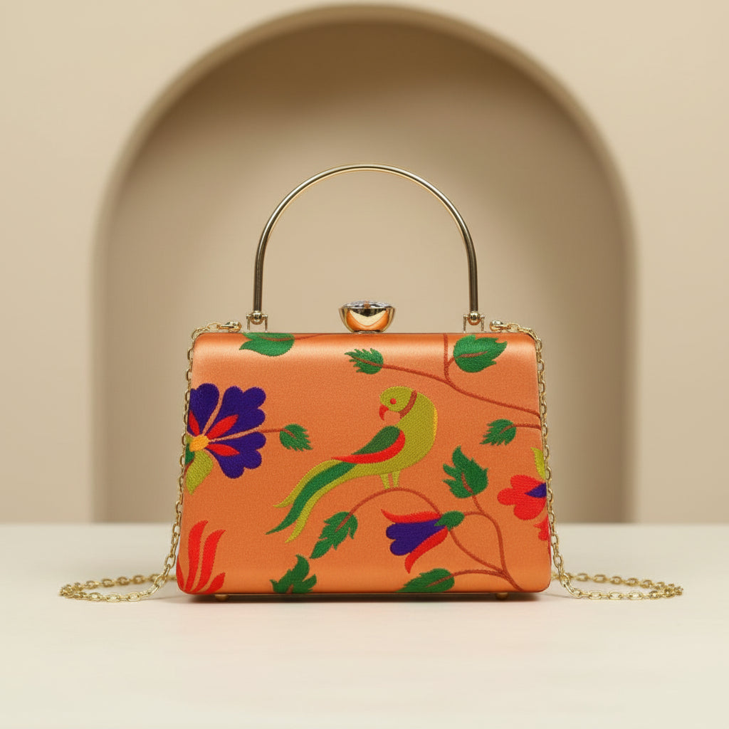 Paithani-Inspired Embroidered Clutch Bag with Gold Handle - Peacock Floral