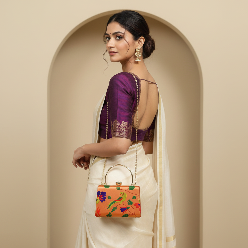 Paithani-Inspired Embroidered Clutch Bag with Gold Handle - Peacock Floral