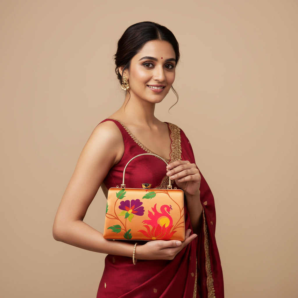 Paithani-Inspired Embroidered Clutch Bag with Gold Handle - Floral Duck