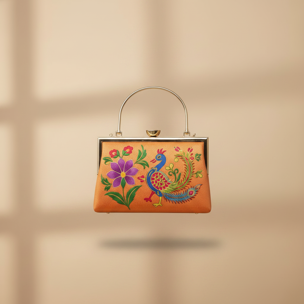 Paithani-Inspired Embroidered Clutch Bag with Gold Handle - Floral Duck