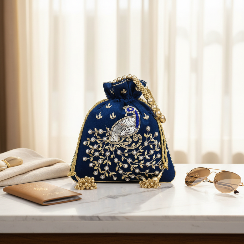 Dream Colors Navy Blue Peacock Embroidered Potli Bag