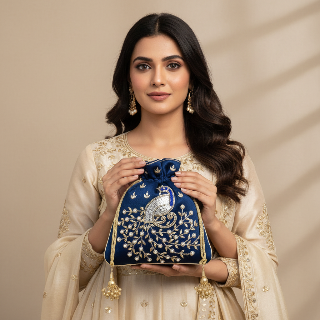 Dream Colors Navy Blue Peacock Embroidered Potli Bag