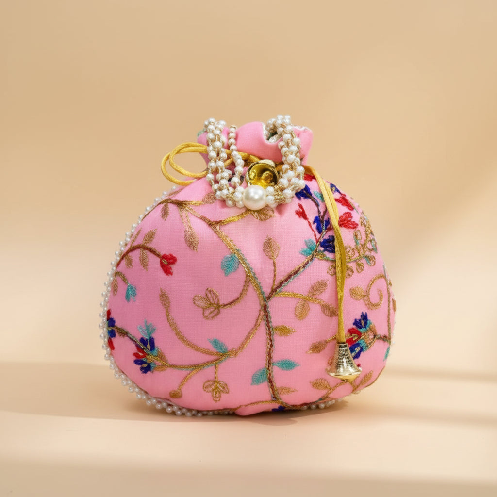 Dream Colors Pink Floral Embroidered Potli Bag