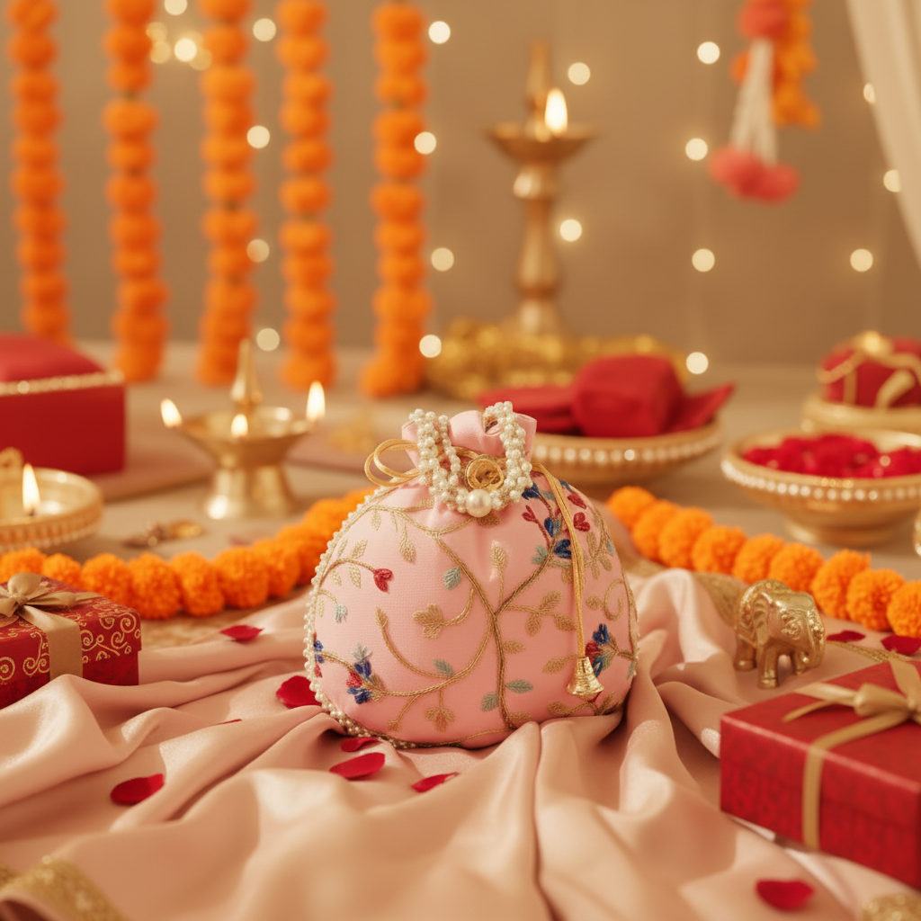 Dream Colors Pink Floral Embroidered Potli Bag