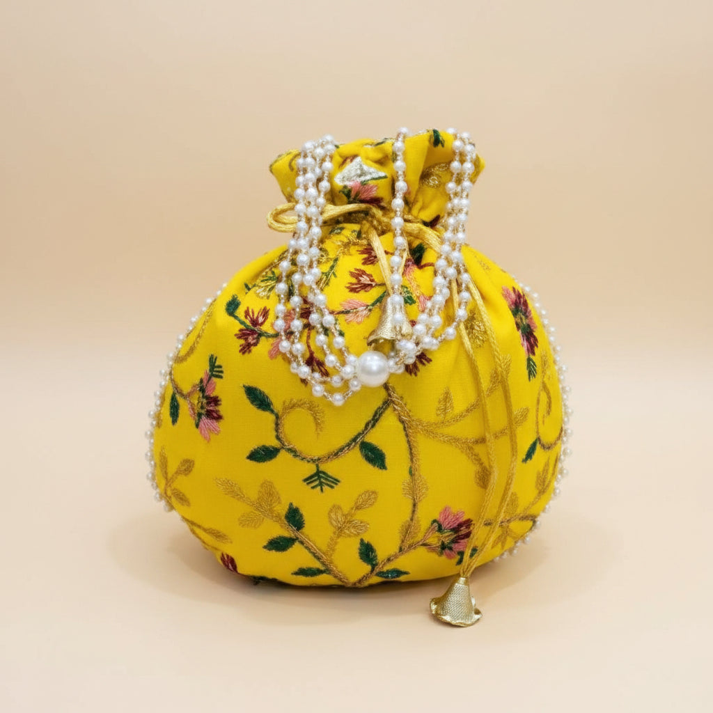 Dream Colors Yellow Floral Embroidered Potli Bag