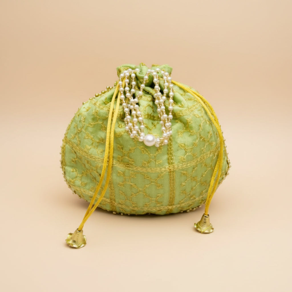 Dream Colors Green Floral Embroidered Potli Bag
