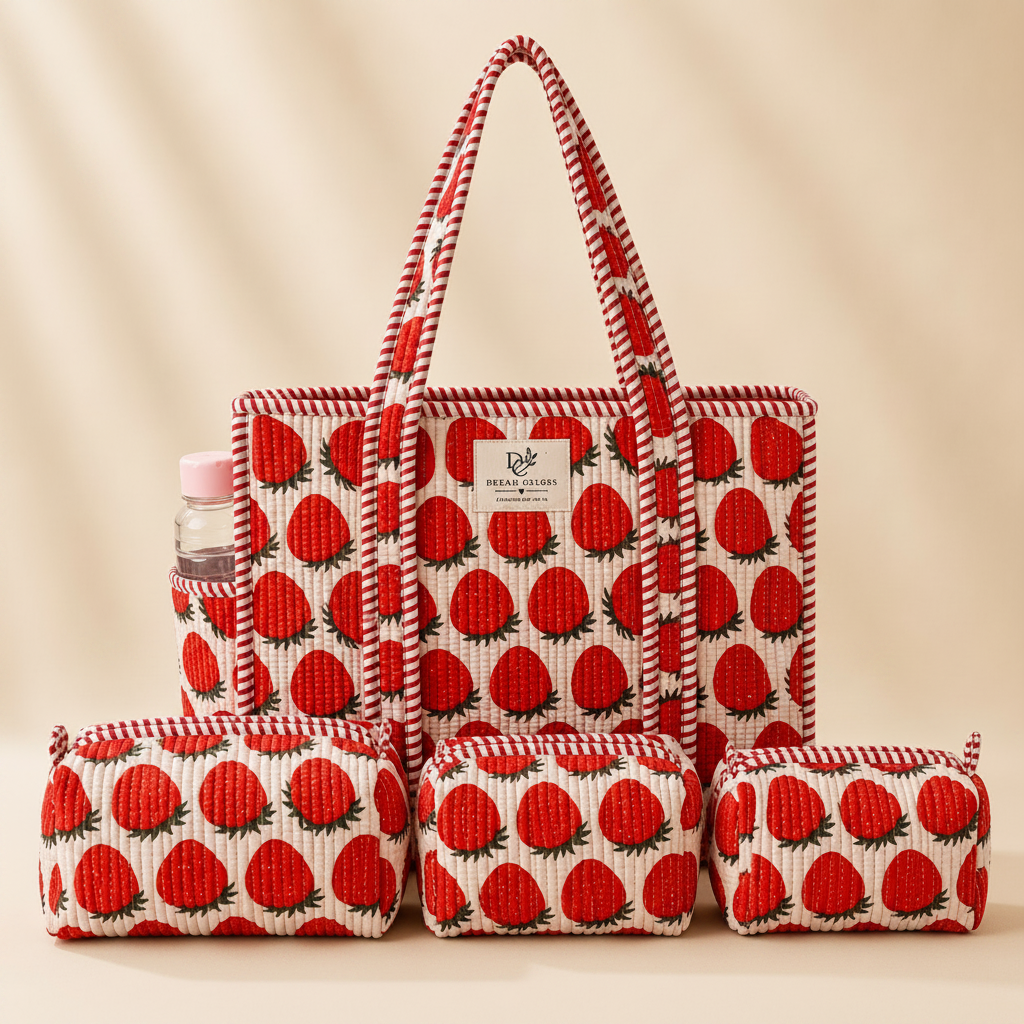 Dream Colors Quilted Cotton Tote Bag Combo with 3 Waterproof Utility Pouches - Strawberry