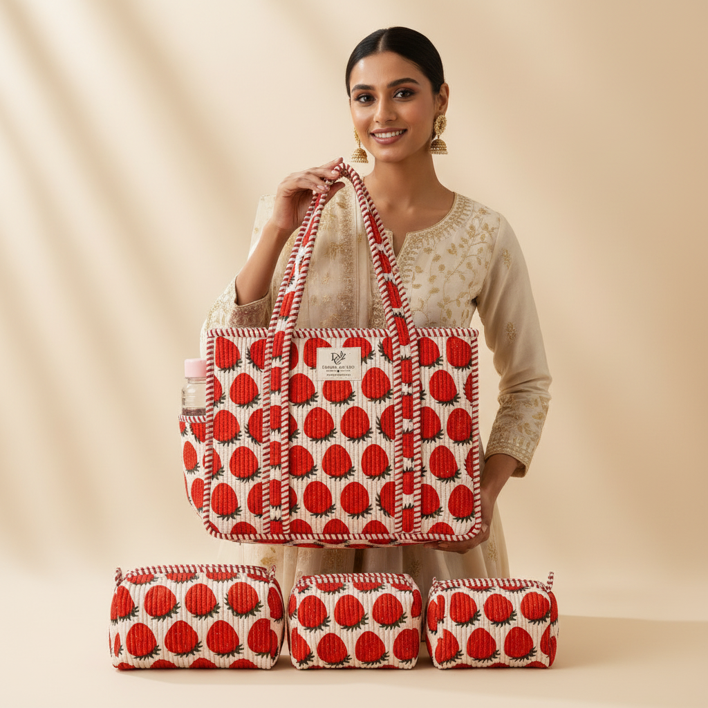 Dream Colors Quilted Cotton Tote Bag Combo with 3 Waterproof Utility Pouches - Strawberry