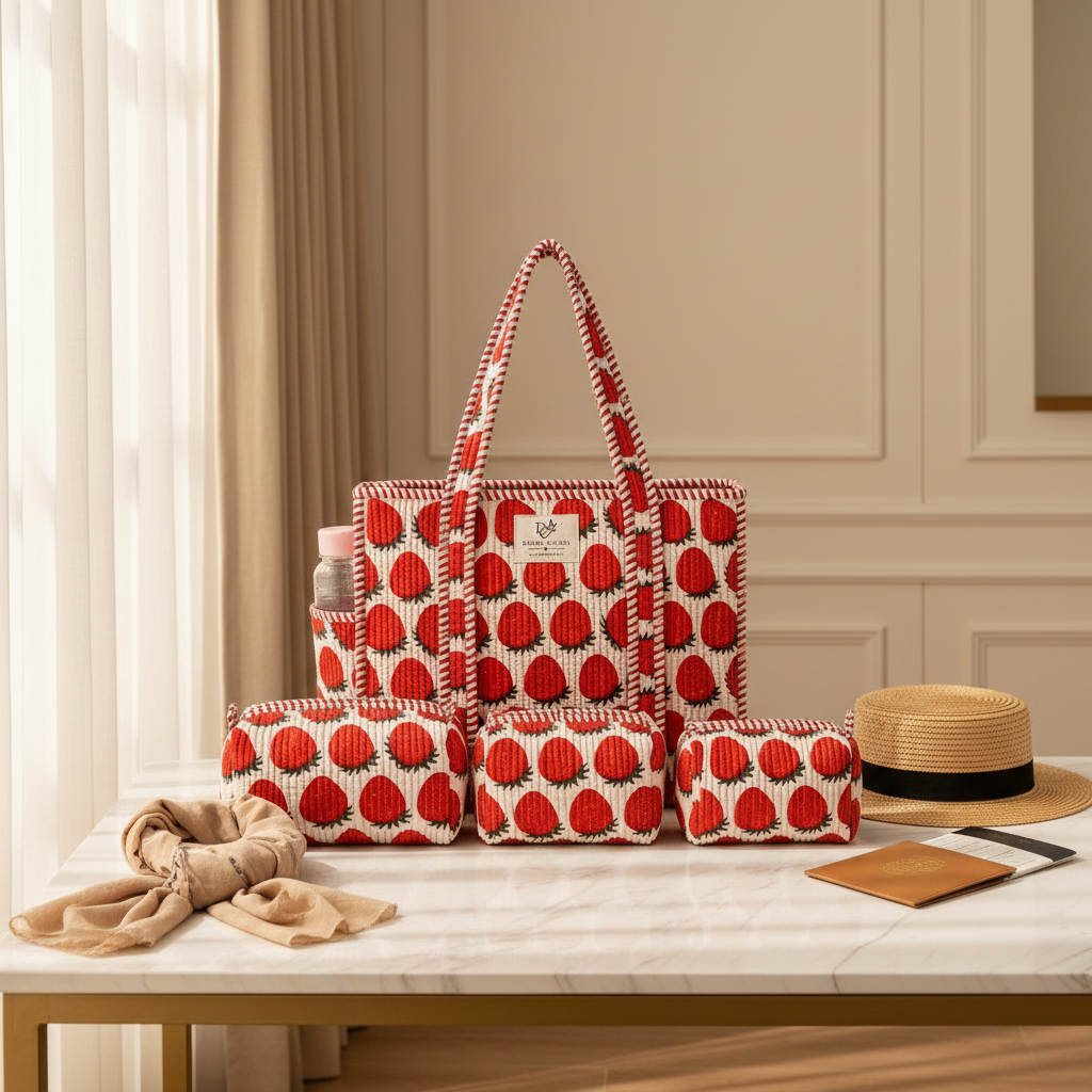 Dream Colors Quilted Cotton Tote Bag Combo with 3 Waterproof Utility Pouches - Strawberry