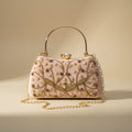 Pink Velvet Embroidered Clutch Bag with Gold Handle