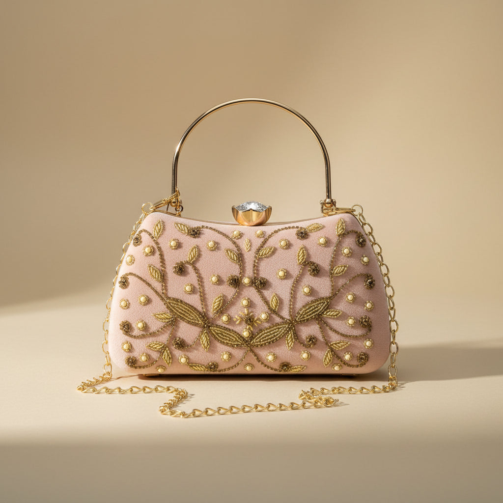 Pink Velvet Embroidered Clutch Bag with Gold Handle