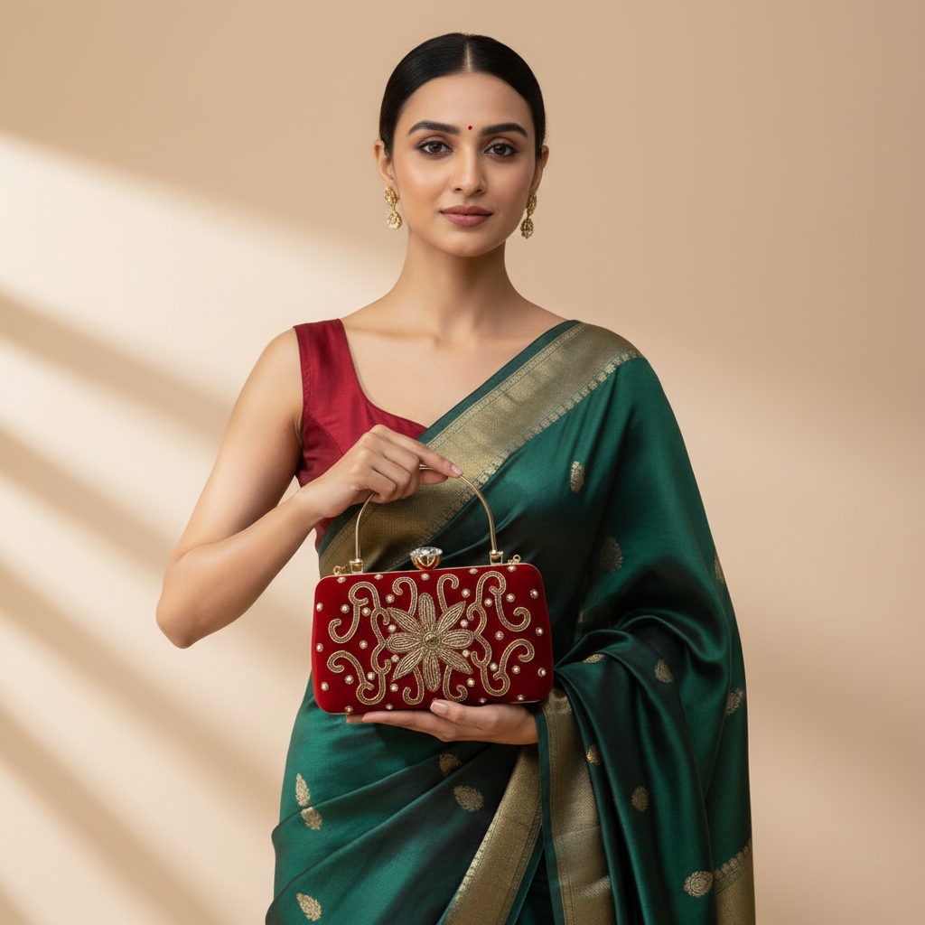 Red Velvet Embroidered Clutch Bag with Gold Handle