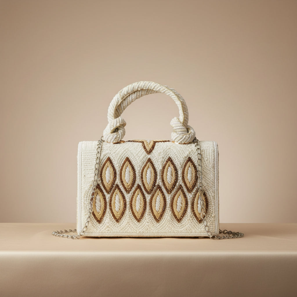 Embroidered Tote Clutch Bag with Rope Handle and Chain Strap - Ivory