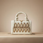 Embroidered Tote Clutch Bag with Rope Handle and Chain Strap - Ivory