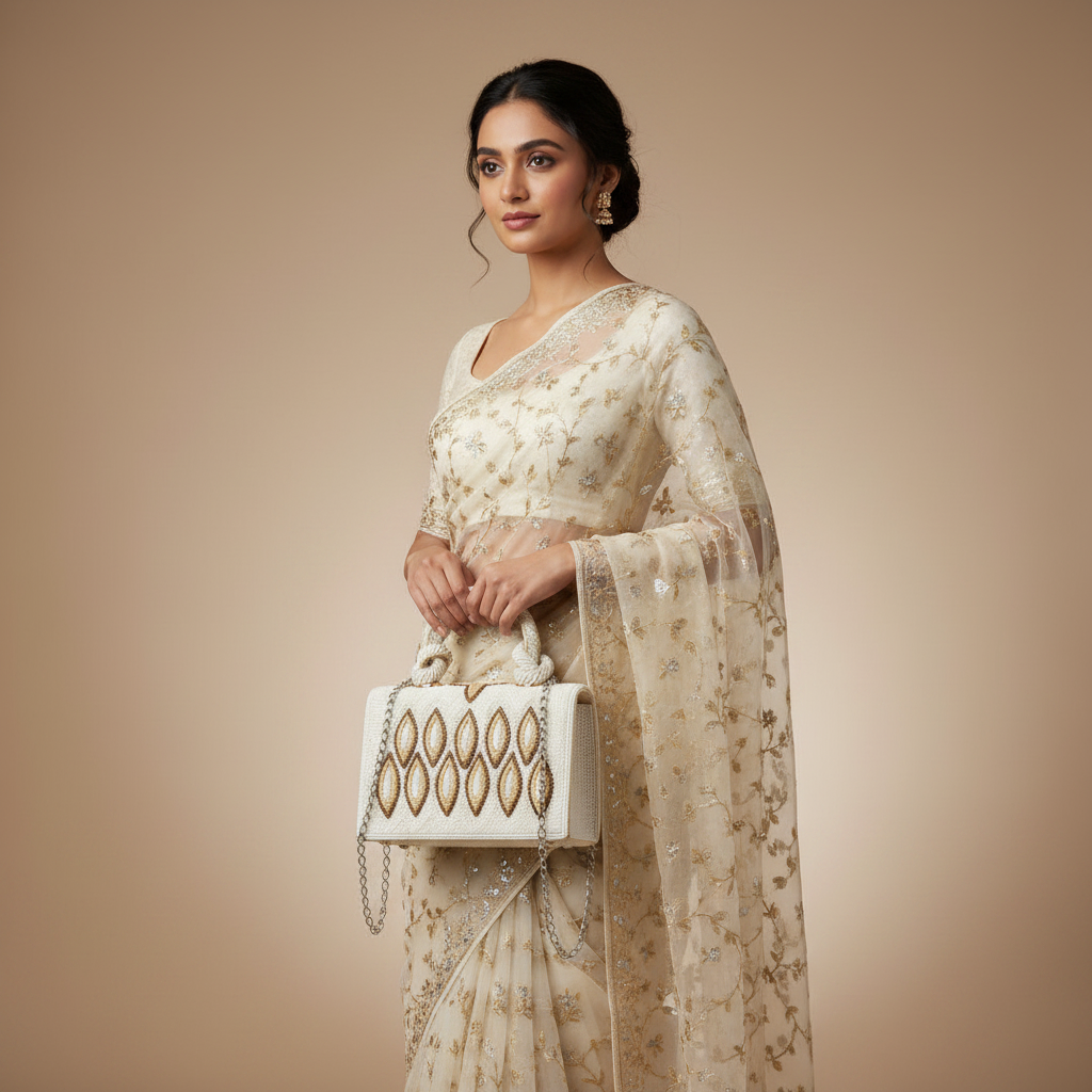 Embroidered Tote Clutch Bag with Rope Handle and Chain Strap - Ivory