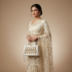 Embroidered Tote Clutch Bag with Rope Handle and Chain Strap - Ivory