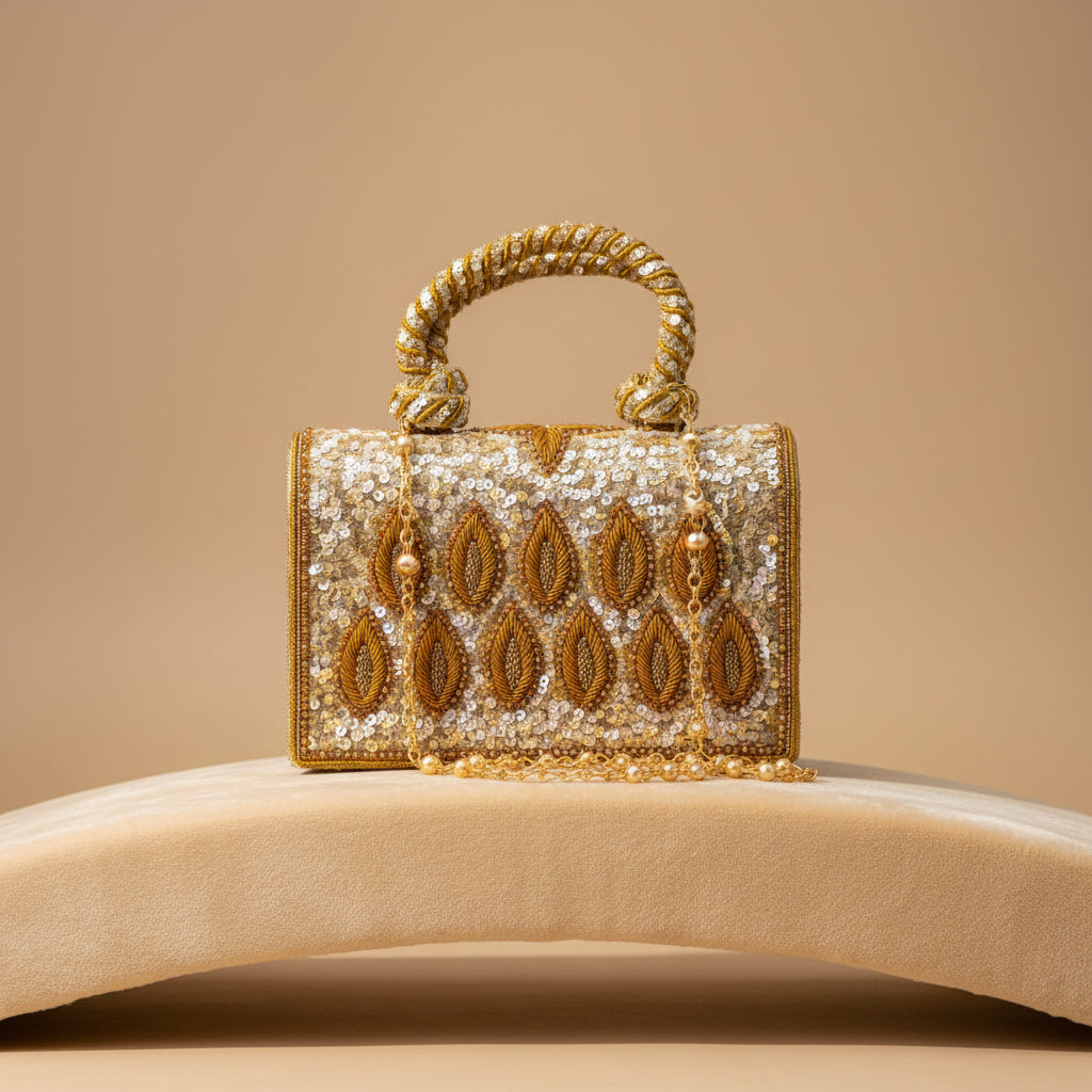 Embroidered Tote Clutch Bag with Rope Handle and Chain Strap - Golden Leaf