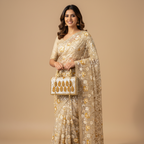 Embroidered Tote Clutch Bag with Rope Handle and Chain Strap - Golden Leaf