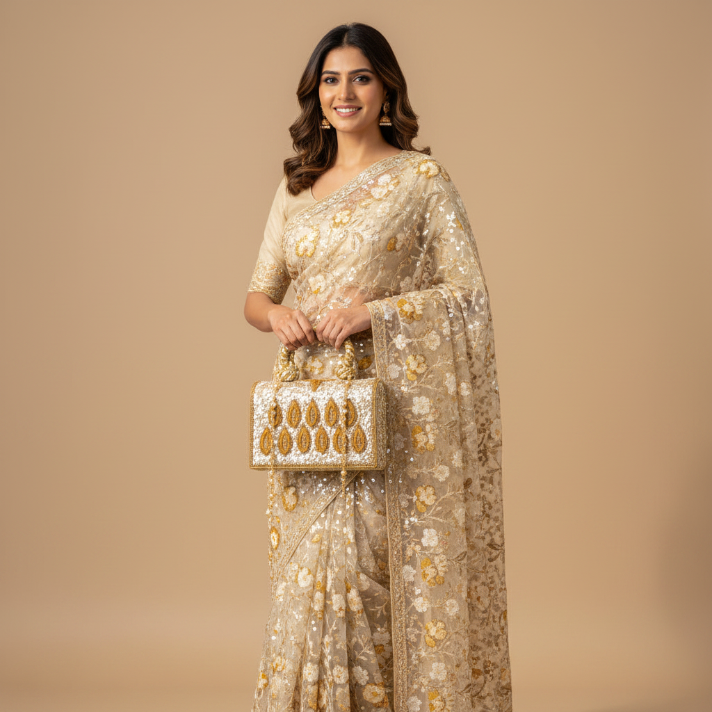 Embroidered Tote Clutch Bag with Rope Handle and Chain Strap - Golden Leaf