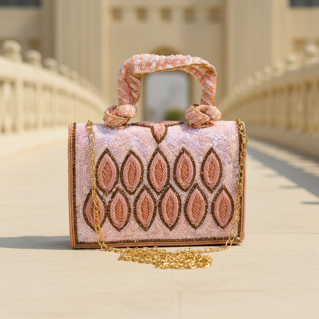 Embroidered Tote Clutch Bag with Rope Handle and Chain Strap - Pink Leaf