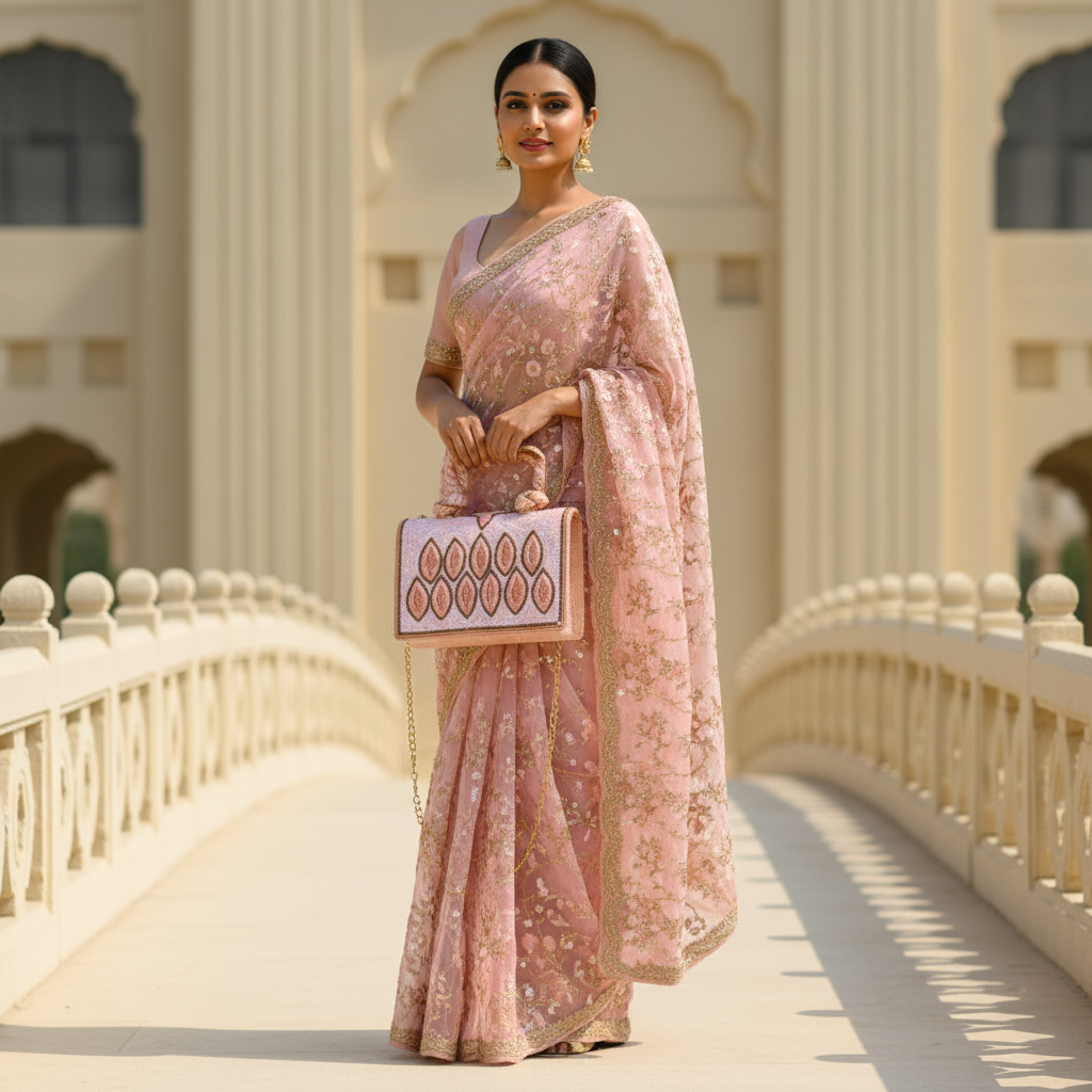 Embroidered Tote Clutch Bag with Rope Handle and Chain Strap - Pink Leaf