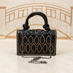 Embroidered Tote Clutch Bag with Rope Handle and Chain Strap - Black Leaf