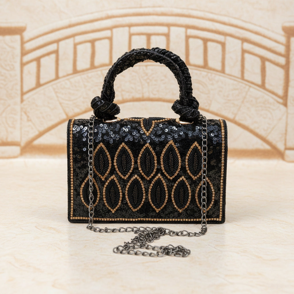 Embroidered Tote Clutch Bag with Rope Handle and Chain Strap - Black Leaf