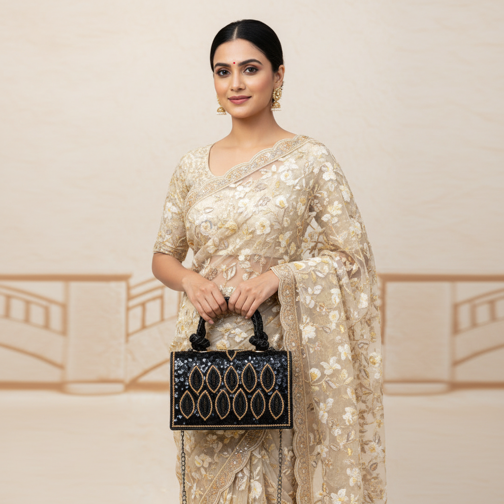 Embroidered Tote Clutch Bag with Rope Handle and Chain Strap - Black Leaf