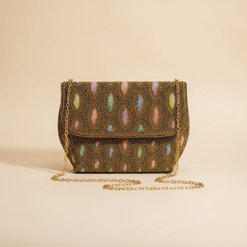 Embroidered Tote Clutch Bag with Rope Handle and Chain Strap - Colourful Leaf