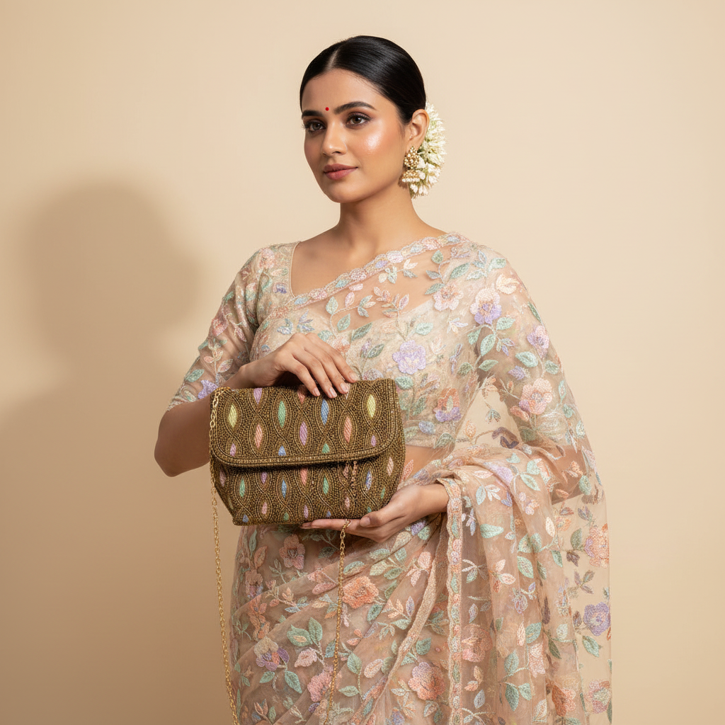 Embroidered Tote Clutch Bag with Rope Handle and Chain Strap - Colourful Leaf