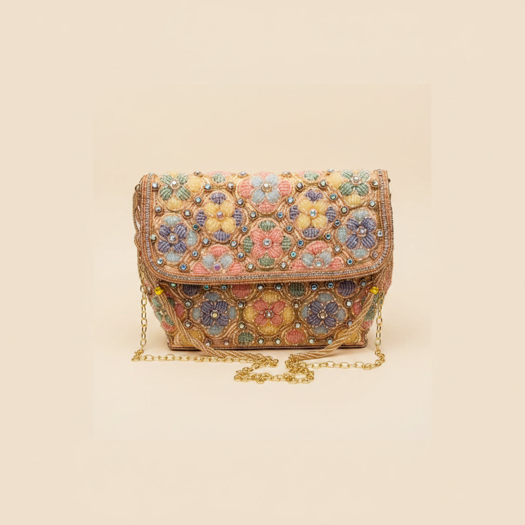 Embroidered Tote Clutch Bag with Rope Handle and Chain Strap - Floral Jewel