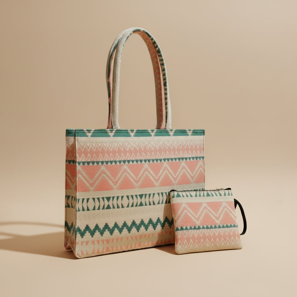 Dream Colors™ Jacquard Vintage Office Bag Set (With Matching Pouch) - Pink Geometric