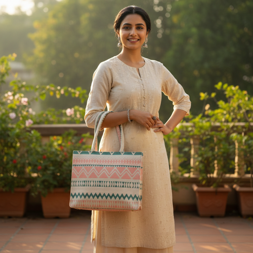 Dream Colors™ Jacquard Vintage Office Bag Set (With Matching Pouch) - Pink Geometric